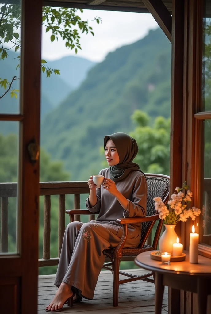 Widya Anindya Putri A woman wearing a hijab is sitting on the wooden balcony of a comfortable house with a background of green mountains.. The woman was wearing a brown sweater and trousers with a floral pattern.. He holds a white cup, seemed to enjoy the peaceful atmosphere around him. Beside it there are lit candles and table decorations with flowers in vases.. The view outside shows beautiful mountains., create an atmosphere of peace and relaxation. there is writing "PEC Charm of Beautiful Editor" above the image.