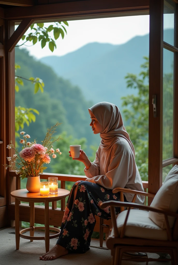 Widya Anindya Putri A woman wearing a hijab is sitting on the wooden balcony of a comfortable house with a background of green mountains.. The woman was wearing a brown sweater and trousers with a floral pattern.. He holds a white cup, seemed to enjoy the peaceful atmosphere around him. Beside it there are lit candles and table decorations with flowers in vases.. The view outside shows beautiful mountains., create an atmosphere of peace and relaxation. there is writing "PEC Charm of Beautiful Editor" above the image.