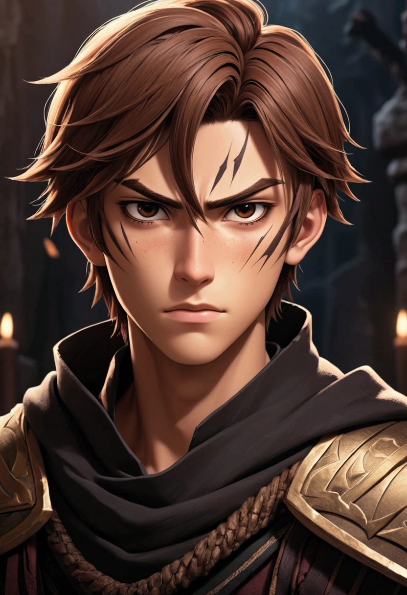 anime Boy Whos Face is With Scar With brown hair with Jawline with warrior clothes with Scary background dark type
