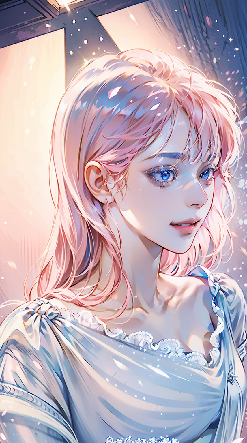beautiful woman, 1girl, detailed face, bright smile, beautiful blue eyes, long eyelashes, pretty lips, long pink hair with bangs, white skin, large breasts, white t-shirt, blue jeans, looking back, side shot, modern, illustration, highly detailed, sharp focus, masterpiece, photorealistic, studio lighting, vivid colors