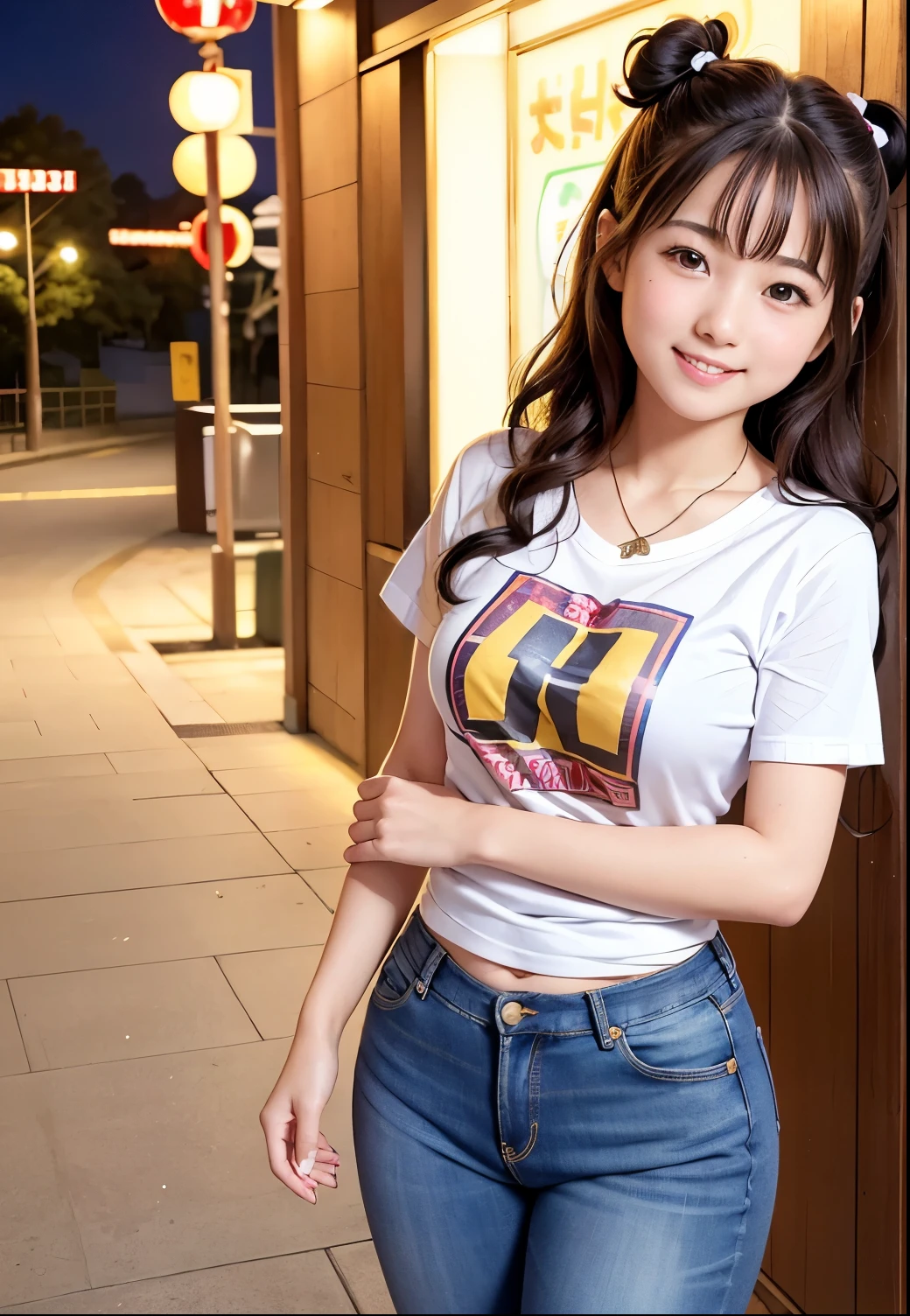 (Highest quality,masterpiece:1.3,Ultra-high resolution),(Very detailed、Caustics) (Realistic:1.4, RAW shooting、)Ultra-Realistic Capture、Very detailed、Natural skin texture、masterpiece、(Japanese elementary school student wearing alphabet-patterned Ringer T-shirt and jeans:1.3)、Adorable expression、Expressions of happiness、、height: 140cm、Baby Face、Pure、Amazingly cute、Twin tail hairstyle、Curly Hair、Scrunchie、necklace、Black Hair、Large Breasts、Shining thighs、Photo taken in front of a sex shop in the entertainment district、Night photography、smile、An inviting gaze、(Anatomically correct)、Cowboy Shot、Attention to detail、Bring your chest closer and emphasize、