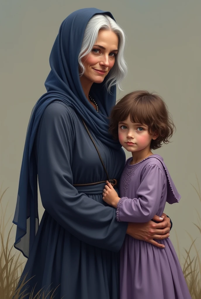 Realistic photo of woman with long white hair, from age to 45 years,wearing a dark blue and lilac long-sleeved flowing dress,wearing a headscarf covering her hair smiling next to a with brown hair sucking her thumb shyly