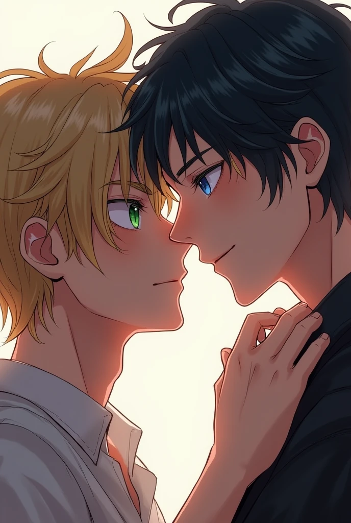 Two men looking at each other with love, one blond with green eyes and the other black-haired with blue eyes, looking at each other face to face 