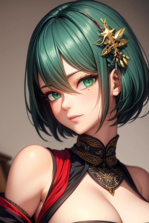 masterpiece,best quality,highly detailed,high resolution,4K,8K,super detailed skin,detailed beautiful eyes,detailed beautiful face,solo,DOA,Tamaki,official art,long eyelashes,dropping eyes,emerald green eyes,mole under eye, emerald green hair,short bob haircut,hairs between eyes,gigantic perky breasts,courtesan outfit,long kimono,japanese hair ornaments,bare shoulders,cowboy shot,from below,