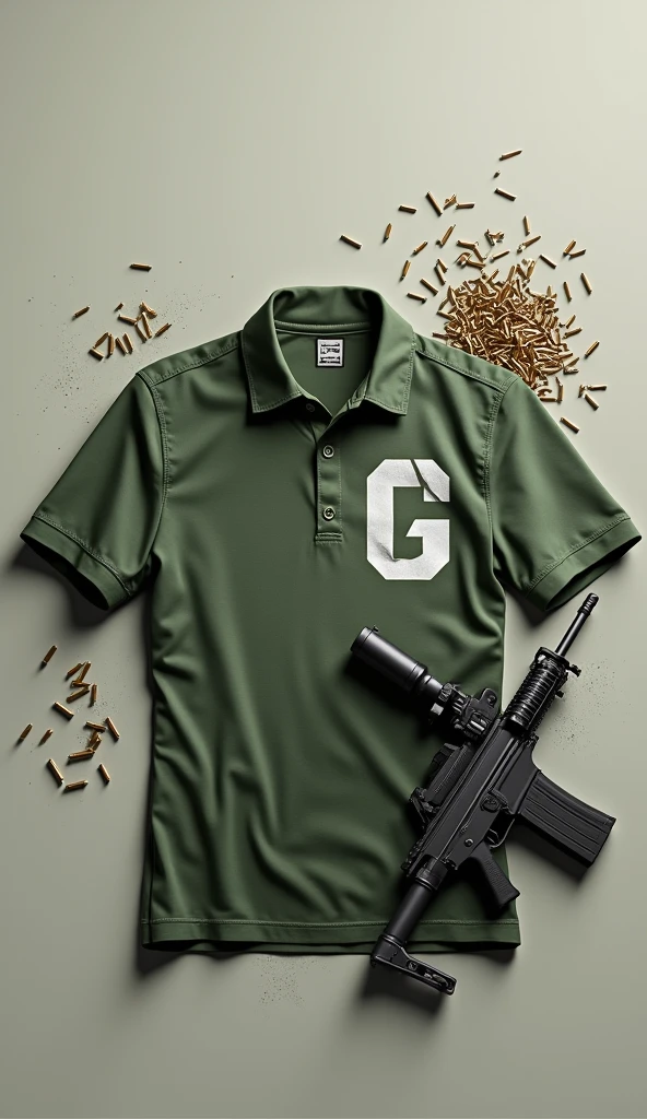 Make a green shirt on the floor with a "g" in the right corner of the chest with a rifle next to it with some ammunition of the same around it