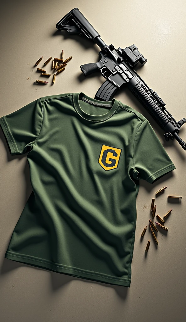 Make a green shirt on the floor with a "g" in the right corner of the chest with a rifle next to it with some ammunition of the same around it