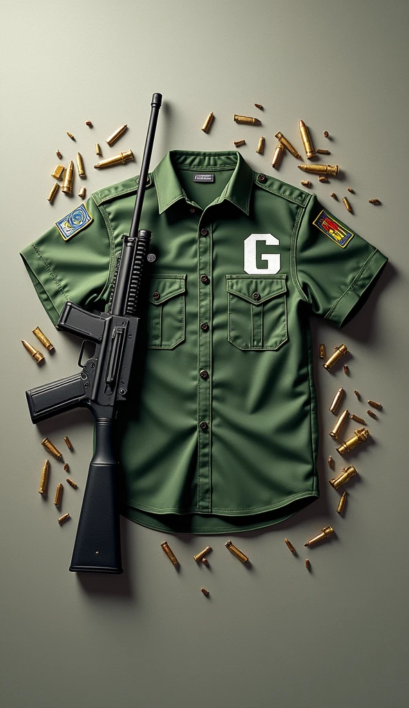 Make a green shirt on the floor with a "g" in the right corner of the chest with a rifle next to it with some ammunition of the same around it 