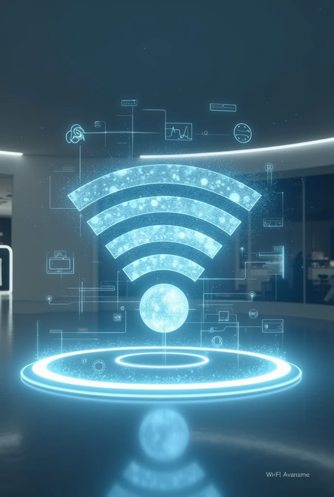 A futuristic wifi in a hologram that is a semi circle with more things