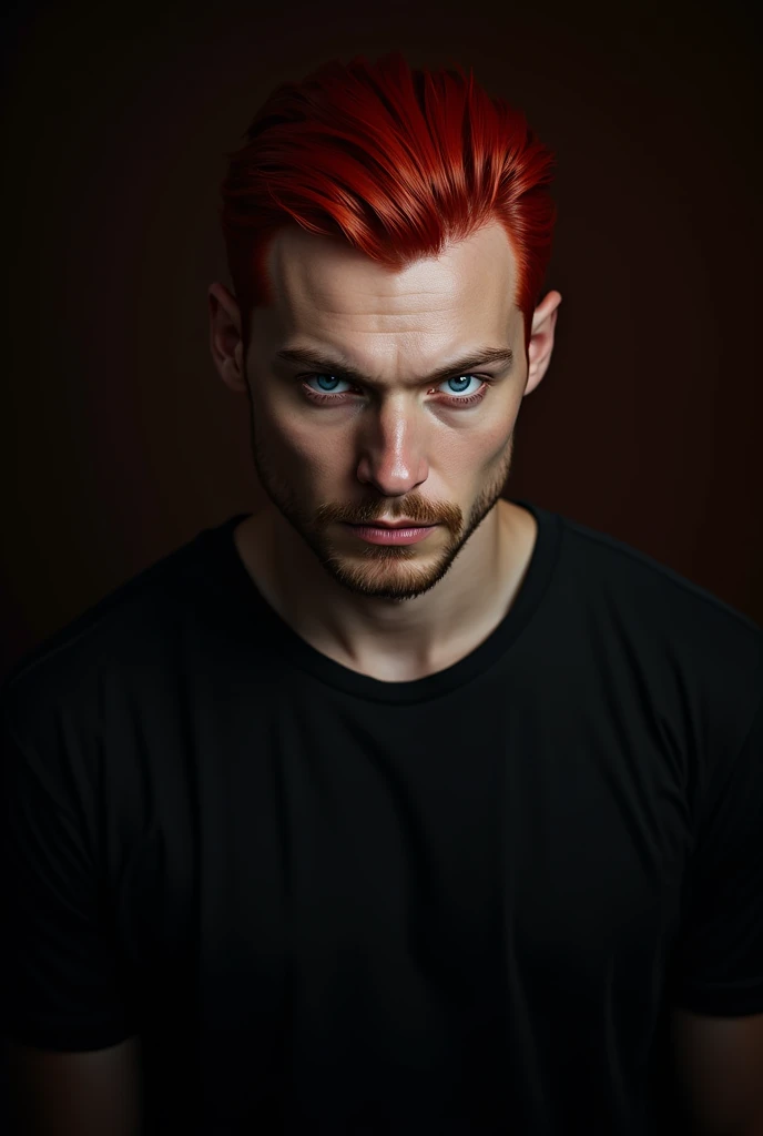 One with blue eyes and red hair in a black shirt, like a goatee 