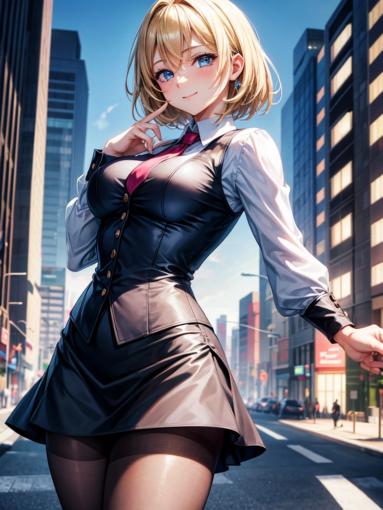 Anime style, super fine illustration, highly detailed, beautiful detailed, perfect detailed, super high quality image, static representation, gentle expression, happy expression, the pretty image, 8k, pretty 1girl with blonde straight short hair & blue eyes & a bright smile & full bust & soft fair skin is a female secretary not to show her skin wearing the business shirt & vest & black tight skirt & black pantyhose on the urban business buildings street, in the morning, solo, perfect fingers, no more fingers, no less fingers, perfect arms, no more arms, perfect legs, no more legs, no more hair, masterpiece.