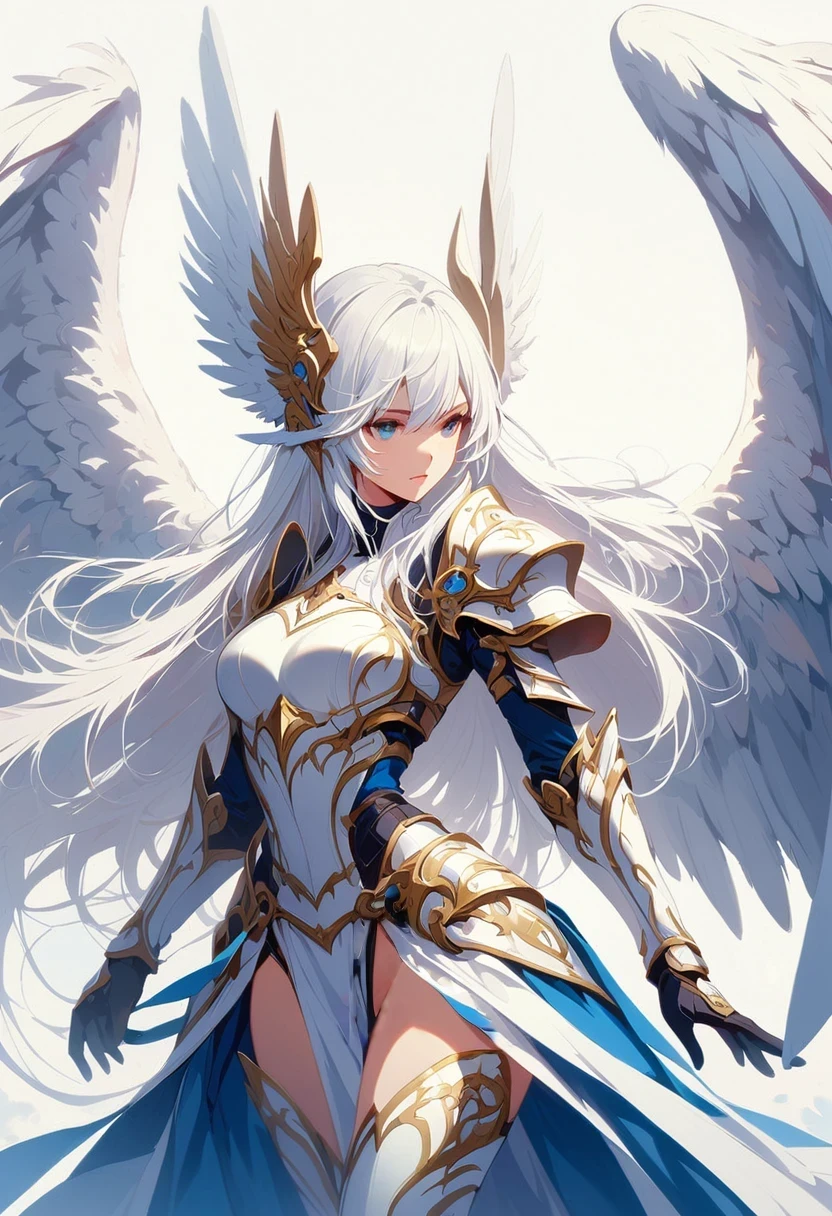 1girl angel angel_wings armor feathers_Long wing feathers_Hair Shoulder Armor Shoulder_Armor single piece_Upper wing separation_The body is white_Theme blue_Wings Wings Leg Armor