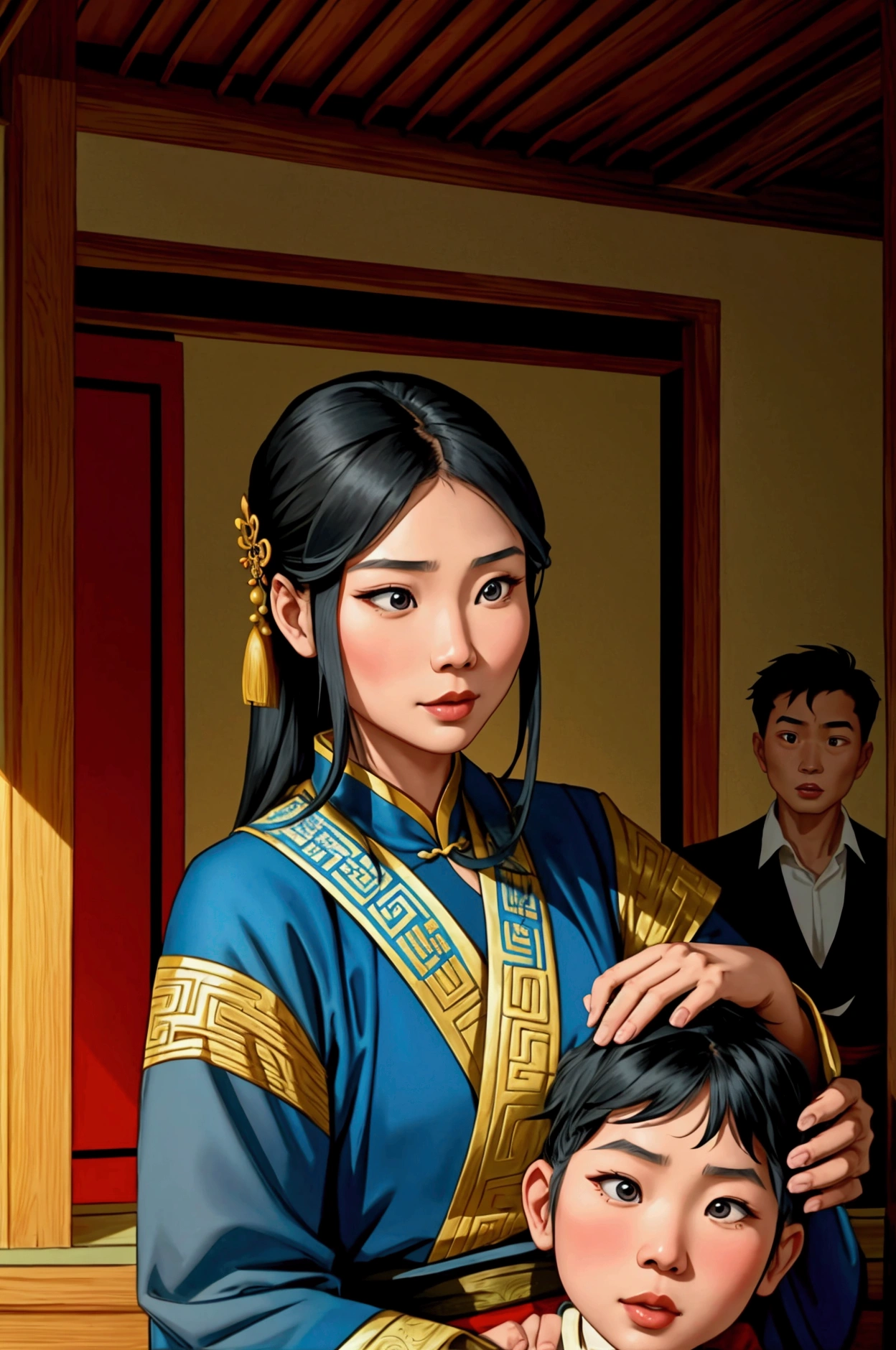 Chinese woman and Filipino man telling stories with their 1 son and 2 daughters in a house
