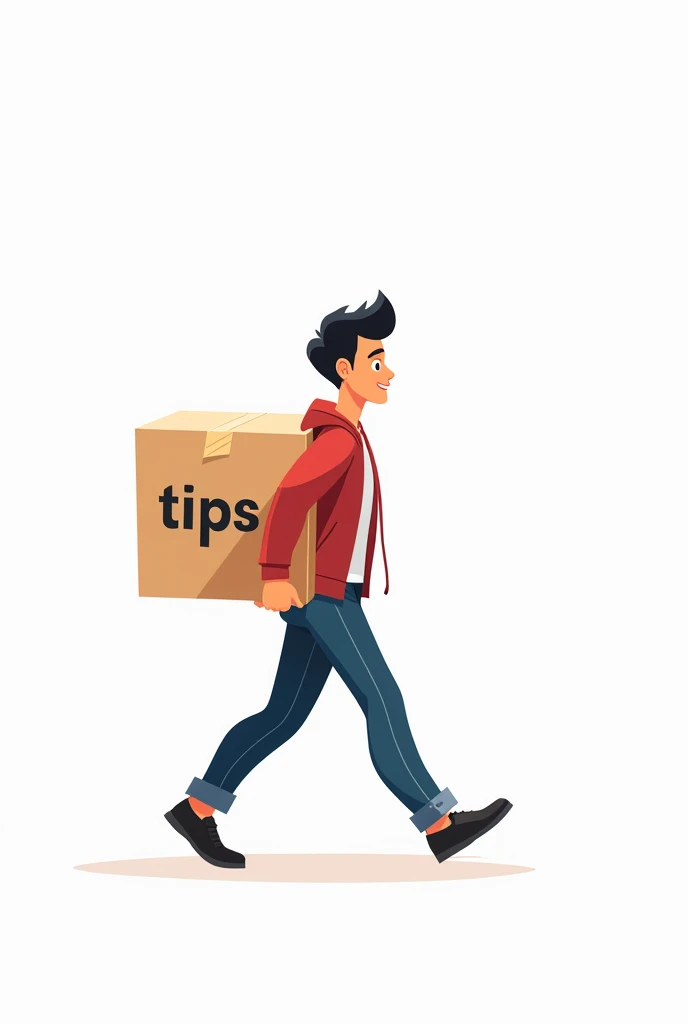 An animed man carrying a bos with a word "tips" on side and walking to the right, the whole scene was white at the background