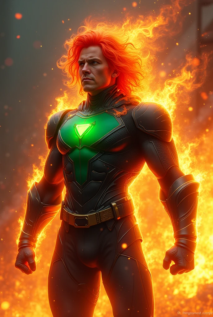 super hero that have flame power with red hair black armor green chest armor