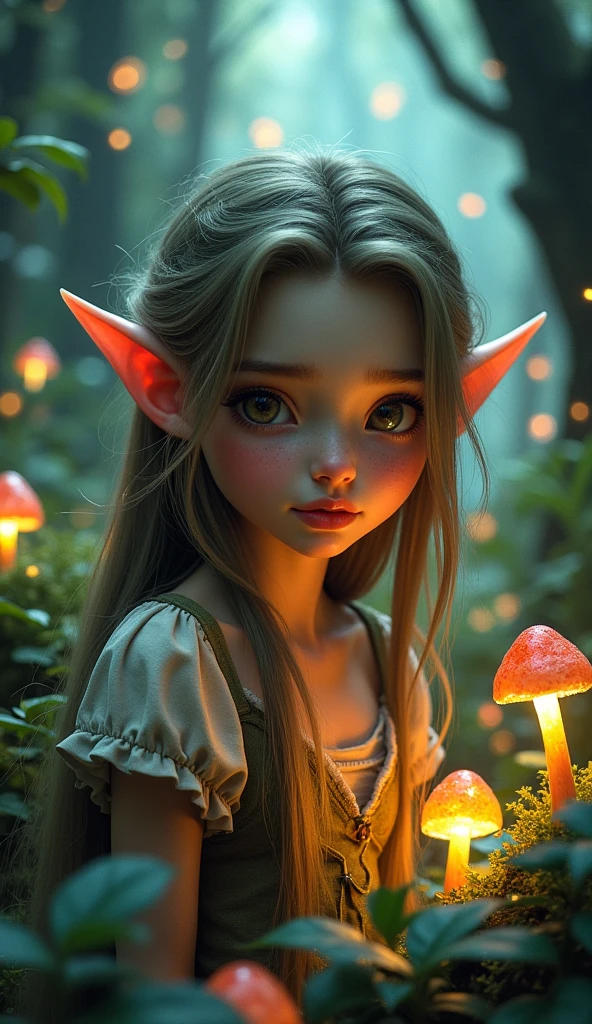 a beautiful elf girl in a magical forest, detailed face and eyes, long hair, pointed ears, whimsical expression, magical aura, intricate forest scenery with glowing mushrooms, floating lights, (best quality,4k,8k,highres,masterpiece:1.2),ultra-detailed,(realistic,photorealistic,photo-realistic:1.37),fantasy,vibrant colors,dramatic lighting,digital painting