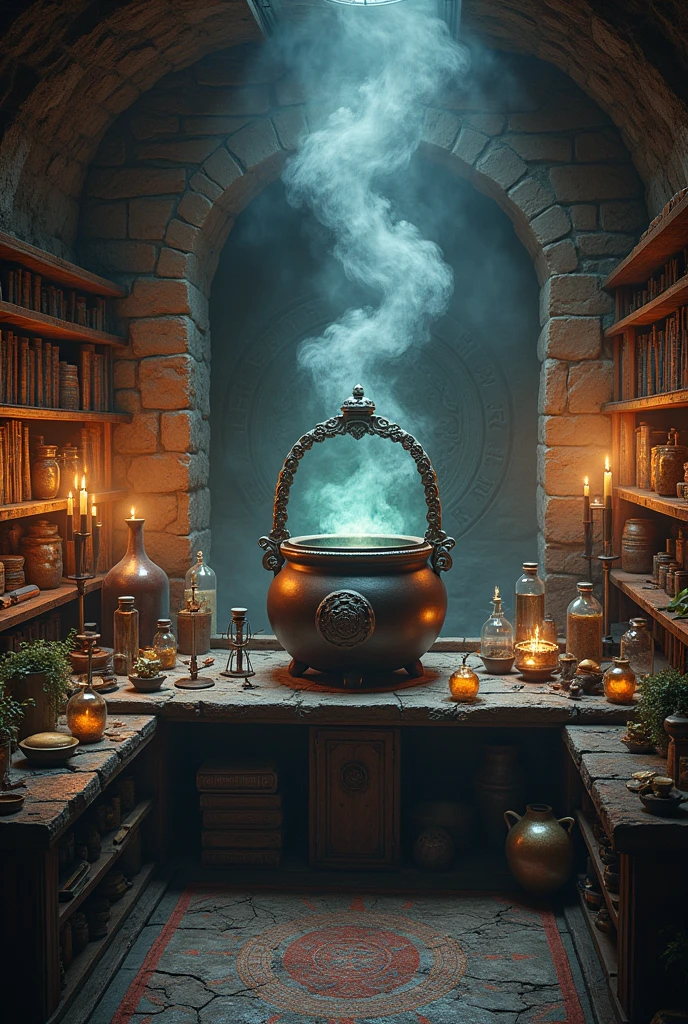 brew potions, showcasing a potions theme, mix of magical environment and ancient theme. no persons
