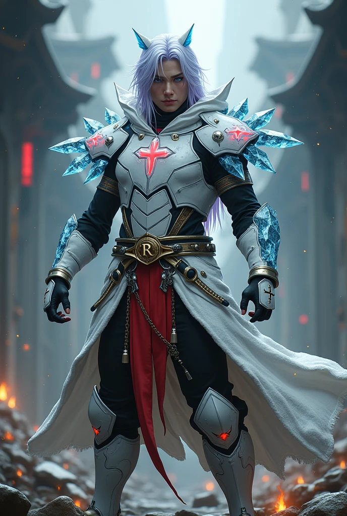 Male age 35, long white and pale purple hair, asian-latin, dark blue eyes,Diamond ice demon arms, white Plate armor, armor breastplate with a pair four-pointed red stars, a gold belt buckle with a letter R, red leotard, plate belt, plate wristband, armor boots with red flames, cyberpunk japanese style, athletic, magic powers, action, black cat nails, crazy pose, dark ruins backgroud, full body