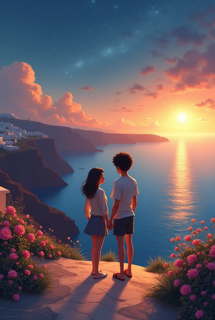 Liv (One in a blouse and skirt) e Theo (black curly hair) standing on a cliff in Santorini at sunset. Liv, with a calm expression. Theo, Next to you, smile encouragingly. Ao fundo, there is a mystical vision of Atlantis dissolving. They are holding hands, as flowers bloom along the way. With stars in the sky.