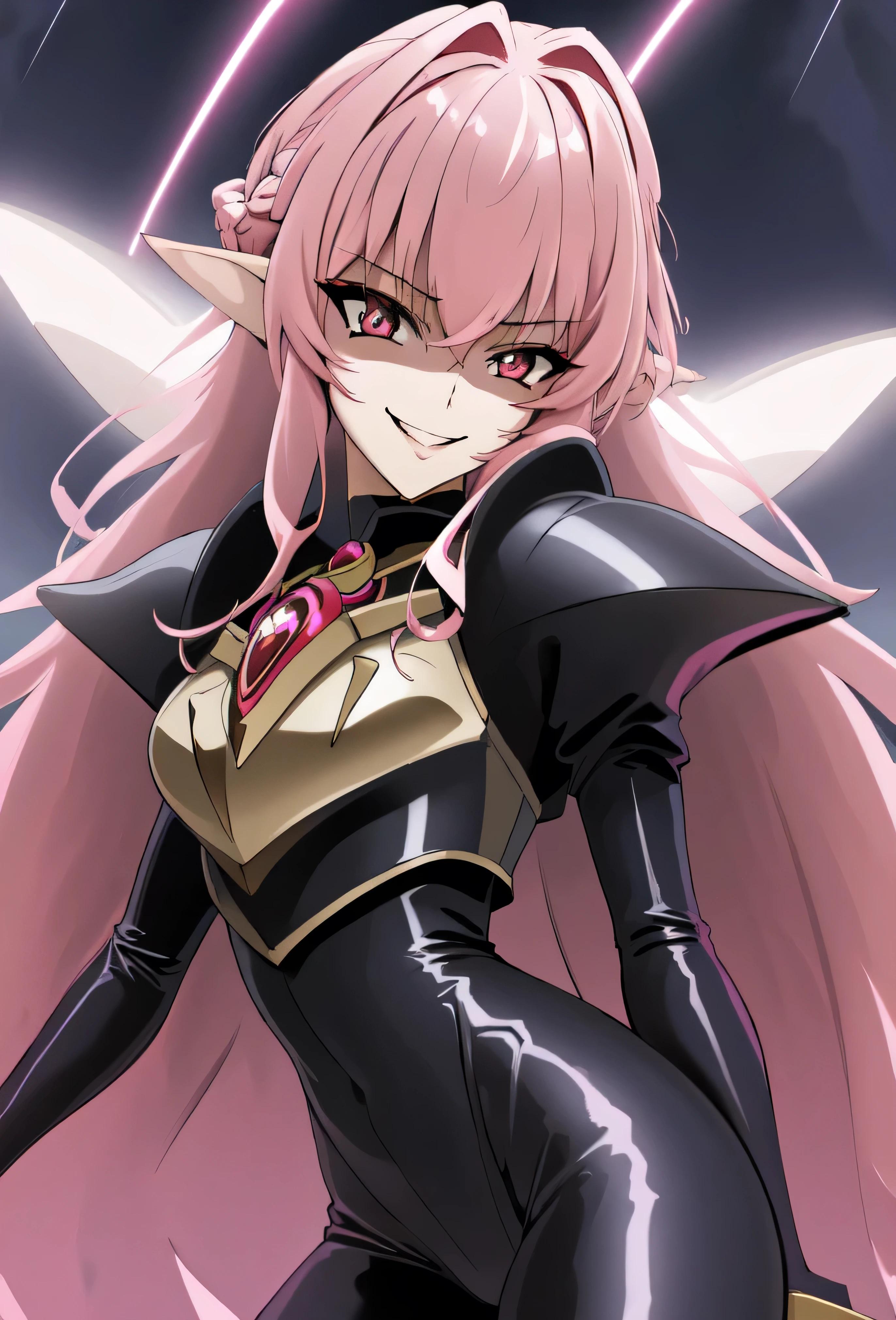 high quality, extremely detailed, perfect face, Nova, long pink hair, (black latex bodysuit), steel pauldrons, steel breastplate, long ears, evil smirk, evil laugh, medium breasts, (dark and stormy skies, lightning)(masterpiece:1.0),(Highest_quality:1.0), 超High resolution,4k,Super detailed, photo shoot, 8K, HDR, High resolution, disorganized:1.2, kodak portrait 400,raising a lightning,,Embodiment of evil,sadistic smile,deep shaded face(eyes in shadow),singlebraid,smile worst,worst ridecule,most evil moukery,,onebraid,,two hands,five fingers,dark aura background,A face full of evil,most evil ridicule