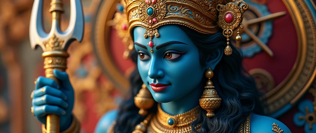 a happy smiling neelkanth avatar, detailed face and eyes, elaborate headdress, intricate jewelry, warm lighting, vibrant colors, ornate background, trishul in hand (best quality,4k,8k,highness,masterpiece:1.2),ultra-detailed,(realistic,photorealistic,photo-realistic:1.37)
