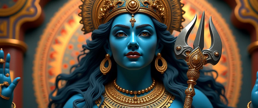 a happy smiling neelkanth avatar, detailed face and eyes, elaborate headdress, intricate jewelry, warm lighting, vibrant colors, ornate background, trishul in hand (best quality,4k,8k,highness,masterpiece:1.2),ultra-detailed,(realistic,photorealistic,photo-realistic:1.37)