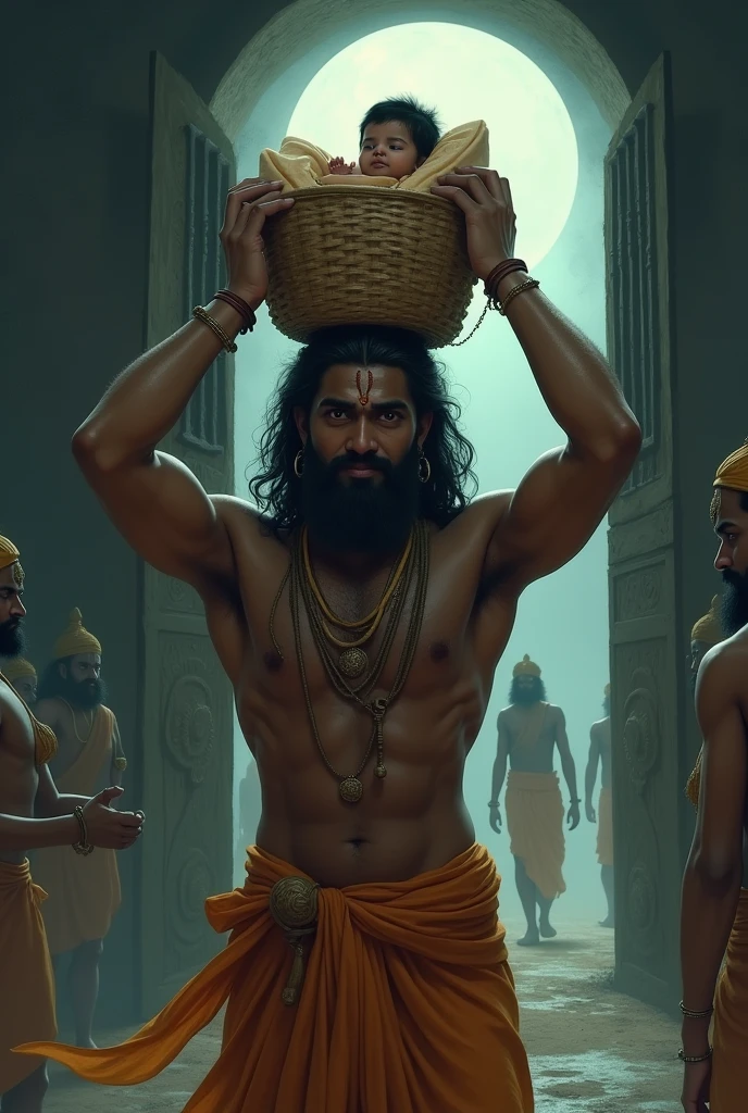"Vasudeva, carrying newborn Krishna in a basket on his head, sneaks out of the prison cell. The doors of the cell magically open on their own, with sleeping guards in the background. The scene is filled with an eerie calm, illuminated by a faint moonlight."