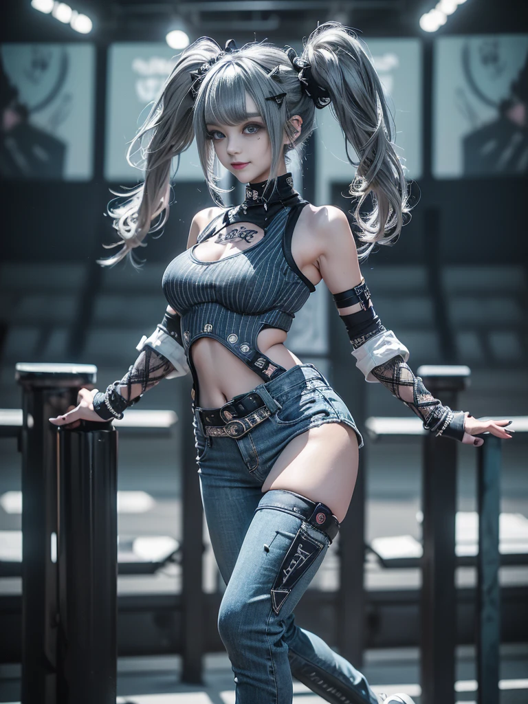 (Full Body View:1.2)、(Side view:1.2)、(Smiling with teeth showing:1.3),(Shibuya Gal:1.5)、(Gothic style fashion:1.5)、(Punk rock visual kei:1.5)、(Wearing a rhythmic gymnastics bodysuit with intricate details:1.4)、(Complex white racing suit and pants, Denim and turquoise decor:1.5)、(Denim and light blue and white boots:1.3)、((belt))、(A number of subtle logos are featured throughout the costume々:1.4)、(collar:1.3)、(Striped underwear:1.5)、20-year-old、Browsing Caution、((Highest quality、In 8K、masterpiece:1.3))、Sharp focus:1.2、(Layered Cut、Huge boobs:1.1),Beautiful woman with perfect figure:1.4、(Dance vigorously:1.3)、Slim Abs:1.2、Highly detailed face and skin texture、Detailed eyes、double eyelid,(Twin tails:1.3)、(Dark silver hair:1.3)、Idol Sculpture、(The background is the stage for a fashion show:1.3)、(The body is slim:1.3),(Slimming your legs:1.4),（clavicle:1.1）、(Thin and slim thighs:1.3)