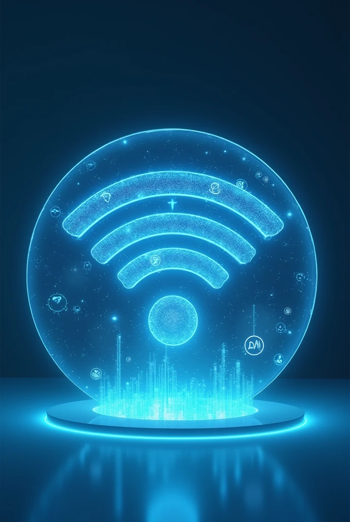 A futuristic wifi in a hologram that is a semicircle with more blue things