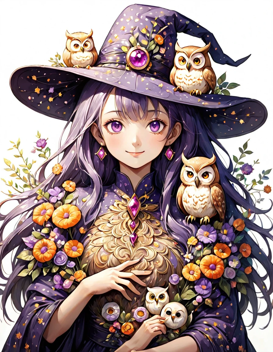 Highest quality、High resolution、(Beautiful face in every detail:1.4)、(Draw a picture to fit on the canvas:1.5)、Carefully draw your hands、Delicate hands、Elaborate hands、Correct finger drawing、Anatomically correct、(Normal number of fingers:1.5)、(Highly detailed face)、Detailed eyes、大people、20Age、Perfect body line、Stand in the center、so beautiful、 (((Blank Background:1.5, No background:1.5, Background white:1.5)))、1people、(Upper Body:2.0)、woman、(smile:1.5)、Halloween、witch、The hat is very small、(Purple Hair:2.0)、(Long Hair:2.0)、(witchの帽子:1.5)、(1 owl:2.0)、(One very large owl:1.5)、(The hat only has flowers on it:2.0)、There are lots of flowers on the hat、Unexposed clothing、(Realistic Owl:1.5)、An owl that looks just like a photo、Change the design of the clothes、(Victorian dress:1.5)、Robe、(Change the pose:1.5)、Light blue clothes、(The hat has a large jewel on the front:2.0)、