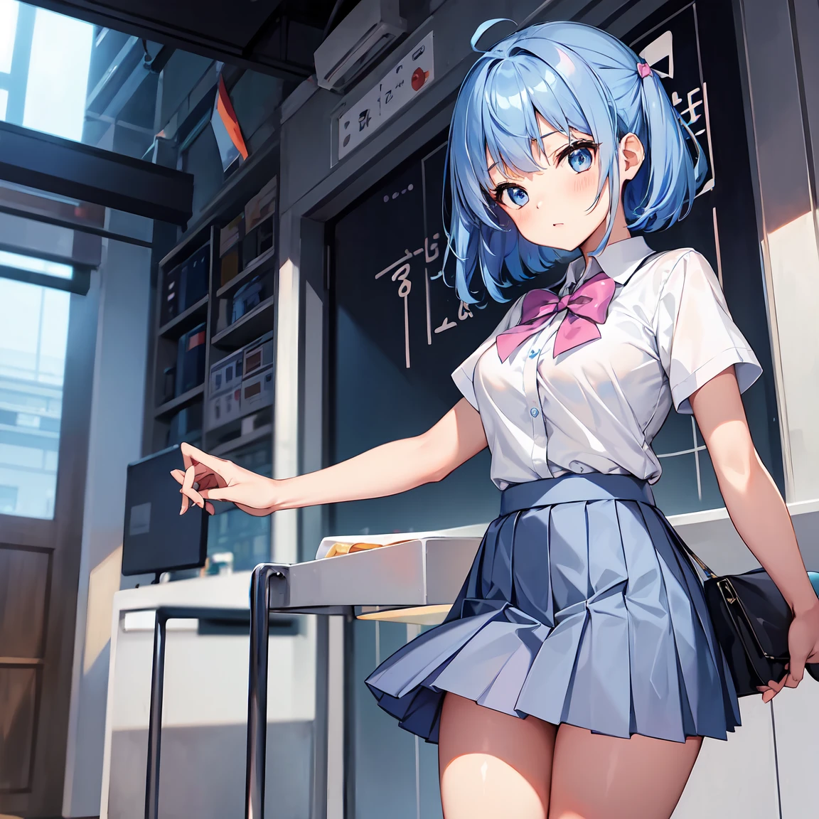 anna_yanami, skirt, blue eyes, blue hair, bow, shirt, ahoge, short sleeves, grey skirt, pleated skirt, school uniform
