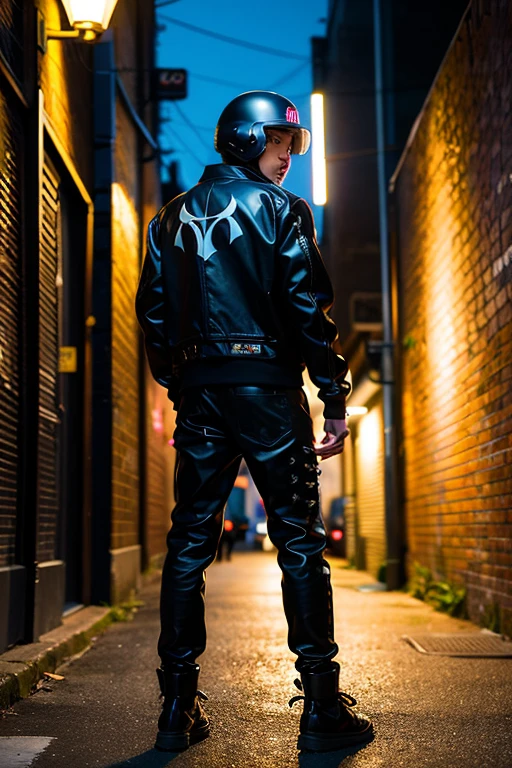 ((Highest quality)), ((masterpiece)), (detailed), cyber punk,Black jacket,Black Pants,Nail bat,Spiky Helmet,Yankee,Naughty ???,Back alley at night,