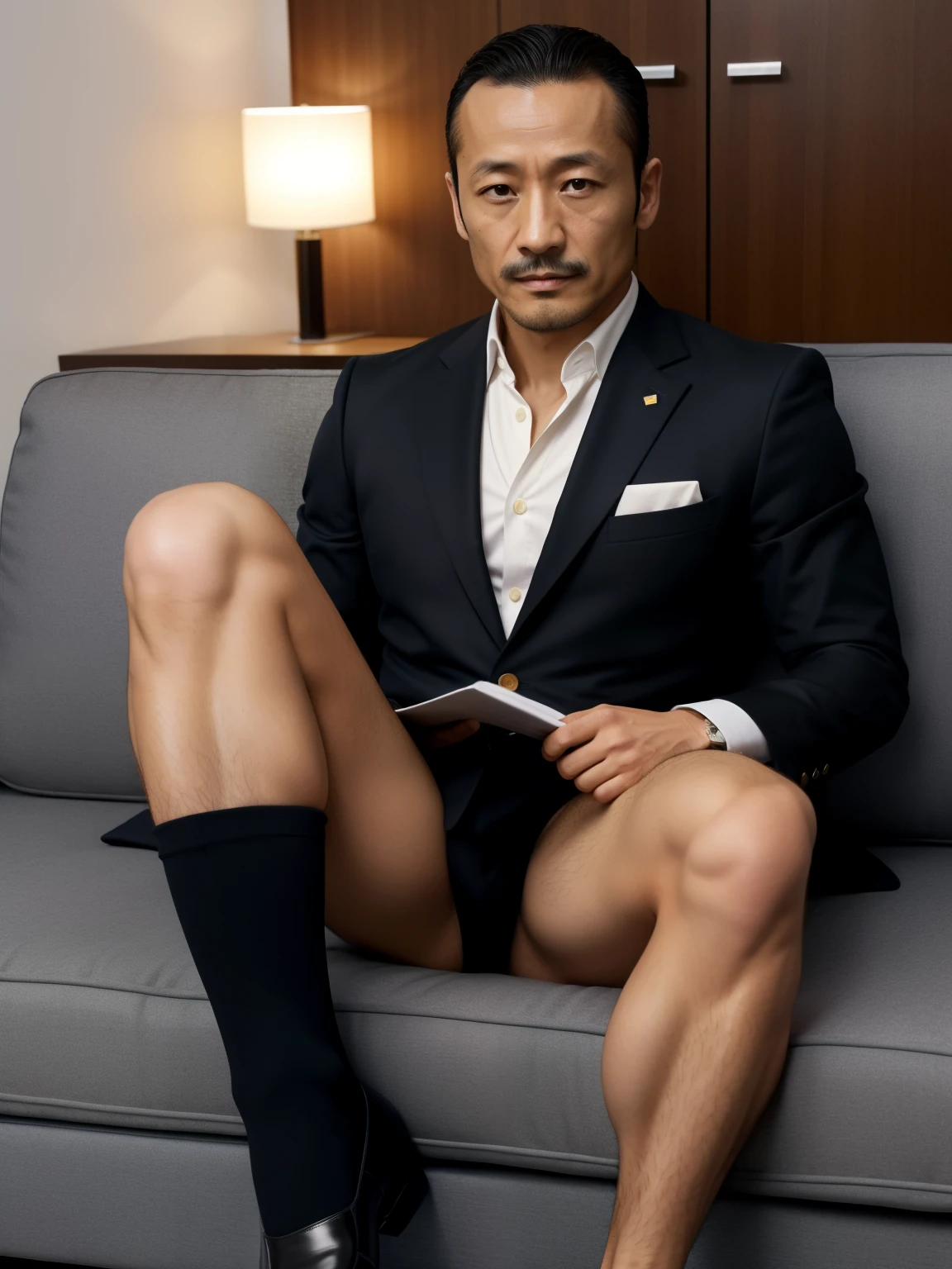 40 years old,Hidetoshi Nakata,(Kogoro Mori 1.3),whole body,Lean,muscle,office,black,foot,Suit,foot抬起,sofa,Baldhead ,transparent,Thick body hair,underwear,Topless,Densely hairy,Fortitude,HD,With a mustache