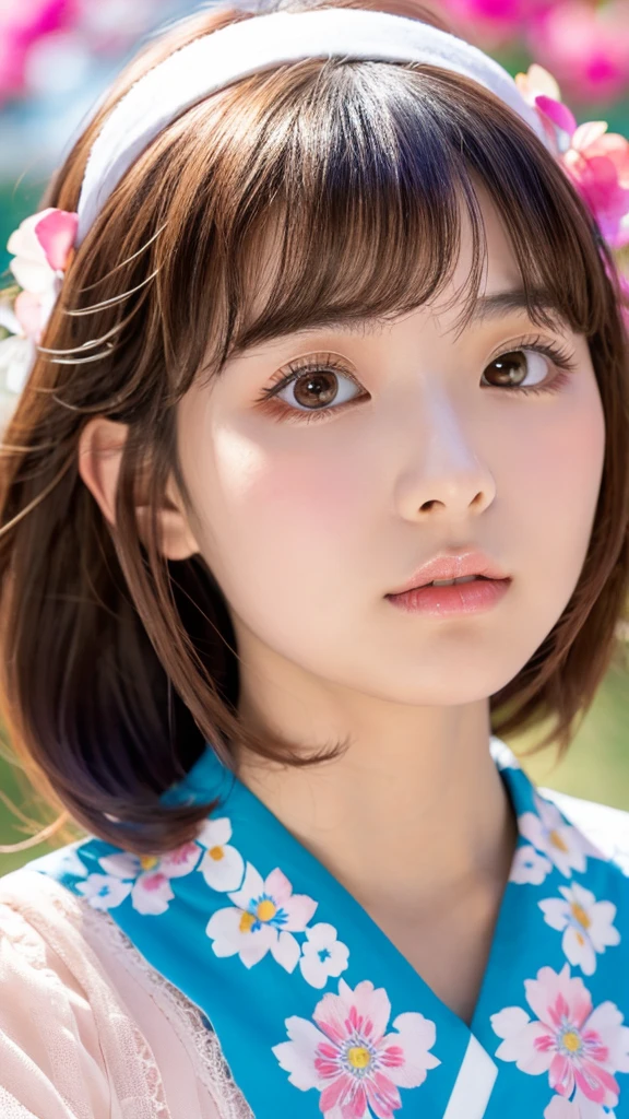 Shrine maiden、goddess、High quality,Japanese idol,18yo,expressionless,look at viewer,medium bob hair, brown hair,Colorful flower crown in primary colors, brown eyeshadow, light pink cheek,eyeliner, beige lipstick, glossy lips, pink dress with frills and lace, colorful flower petals in primary colors, detailed hair, slightly tousled hair, detailed eyelash,detailed skin pores,low angle,blue background,natural lighting