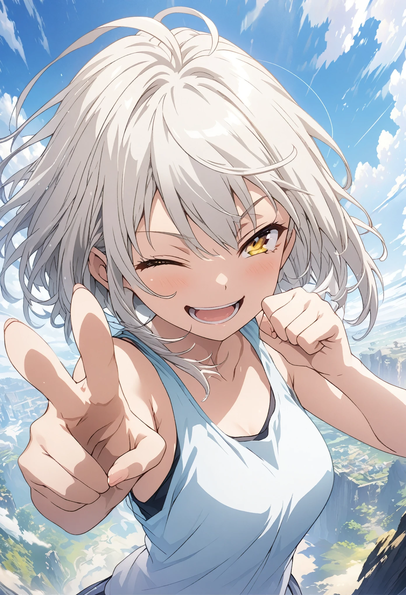 masterpiece, Highest quality, Highly detailed CG Unity 8k wallpaper, High School Girl Anime Illustration. Wear an oversized tank top、Pointing a gun pose、she has her eyes closed and mouth open, smile. The background is a light pastel colored landscape..., white hair color, Yellow Eyes