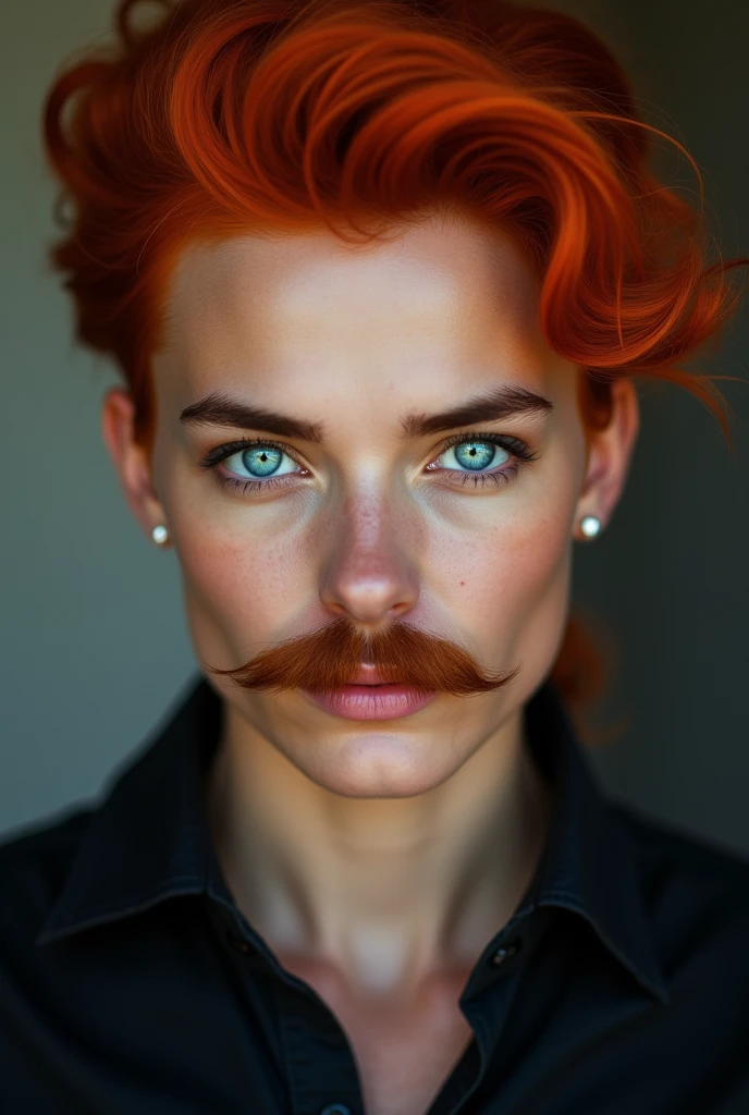 One with blue eyes and red hair in a black shirt, and with a mustache