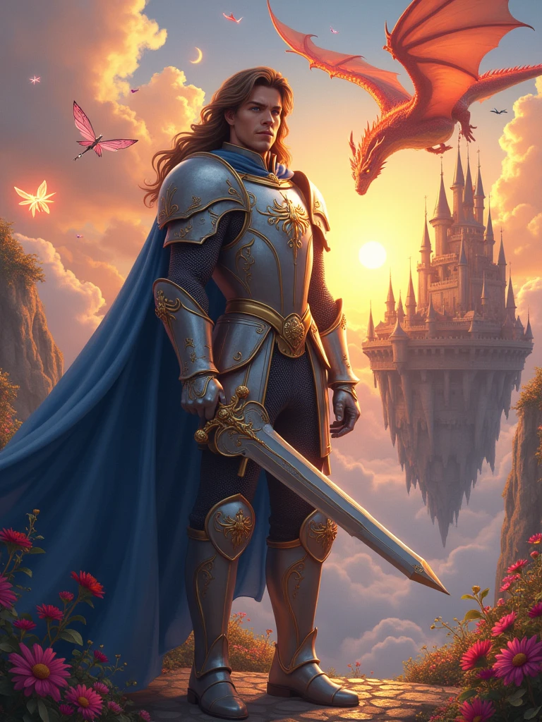 Imagine a medieval castle floating among the clouds, surrounded by majestic dragons and delicate fairies flying. As the sun sets, the sky turns into a kaleidoscope of orange and pink hues. Em primeiro plano, a heroic knight stands proudly, dressed in radiant armor adorned with silver and gold details, a raised visor on his helmet, and a blue cape adorned with a dragon emblem. His armor reflects the warm light of the setting sun, casting a soft glow. He wields a magical sword with a luminous blade and a hilt decorated with precious stones., next to a shield with the dragon emblem. the knight&#39;s expression is determined and heroic, with piercing blue eyes and brown hair falling over her face. He gets tall, exuding confidence and authority, with a strong jaw and a well-groomed beard. The scene is set against the backdrop of imposing castle towers, fortified walls, and a lowered drawbridge connecting the castle to the clouds. the castle gardens are suspended in the air, featuring vibrant flowers and crystal clear trees with leaves that glow softly. High above, the sky is dotted with bright stars and a crescent moon, your soft aura illuminating the magical atmosphere. A 15 meter long fire dragon flies around the castle, its red and orange scales shining, eyes that shine like embers, and wings that appear to be made of fire, leaving trails of smoke and flames. The dragon has resistance to fire, immense strength and speed, Intelligence, elemental magic, and defensive capabilities. Next, a wise old wizard with a long white beard and a pointy hat stands on the castle wall, advising the knight while performing magical rituals. Fairies with transparent wings and flower petal clothes float around, playing with the dragon and having the ability to heal, creating illusions, control time, and transforms into other animals. The lighting is soft and ed