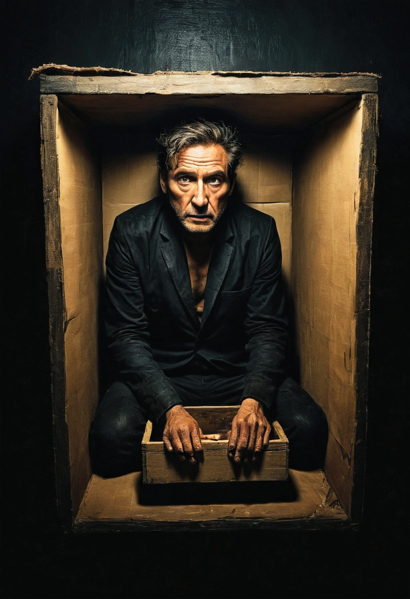 A man trapped inside a small box and the box is in a very dark place, apply techniques from tge expressionism era of painting