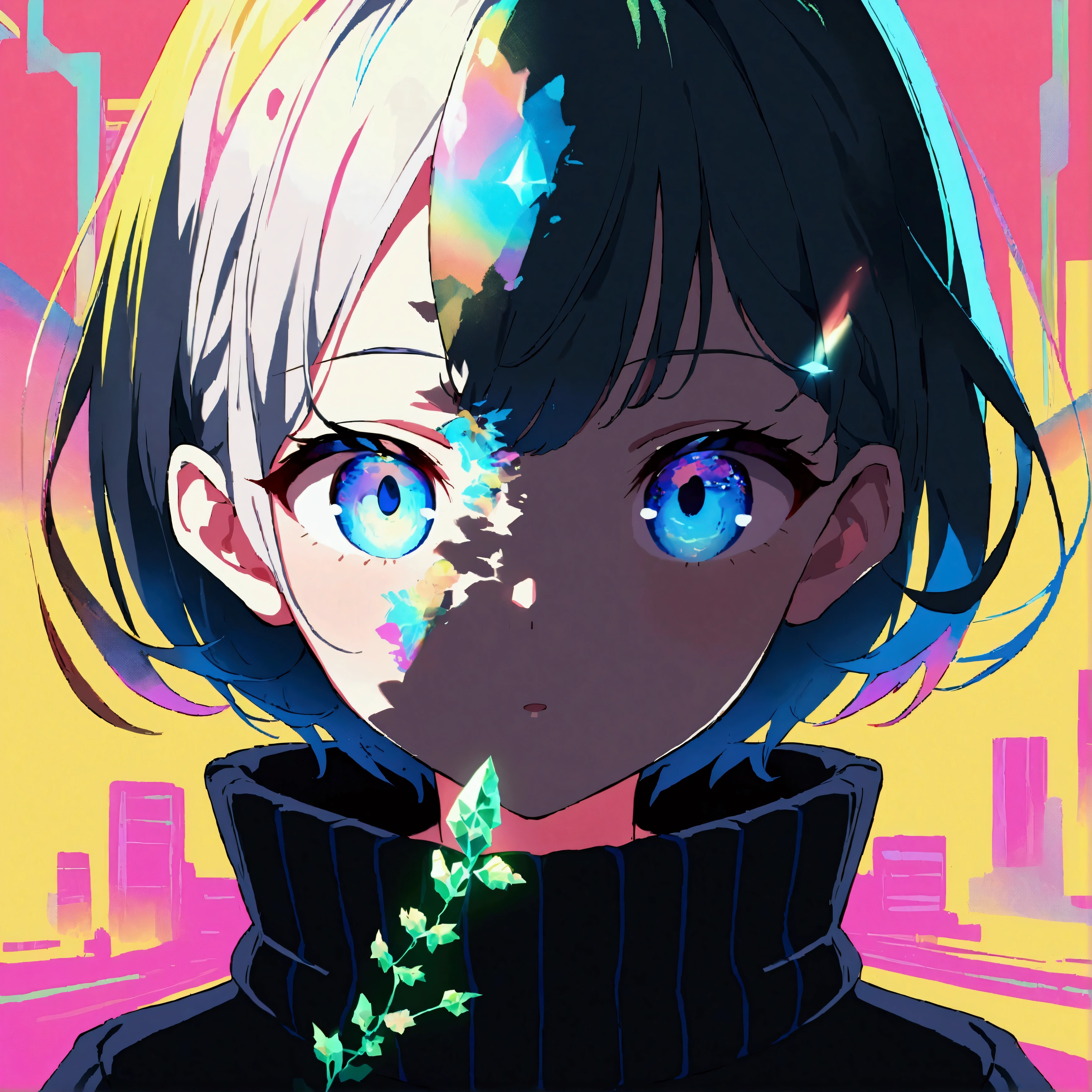 novuschroma79 style、One person、Movie angle、Beautiful Eyes、Eye Focus、Black sweater、Crystal Ivy、Glitch Art Photography、Multicolor Glitch、Shadows in the movie、Multiple Exposure、[(Neon Background:1.2)::0.2]、(Double exposure background:1.2)、An illustration、Unbelievably absurd、Super detailed、masterpiece、Highest quality、[::0.5]、[::0.5]、