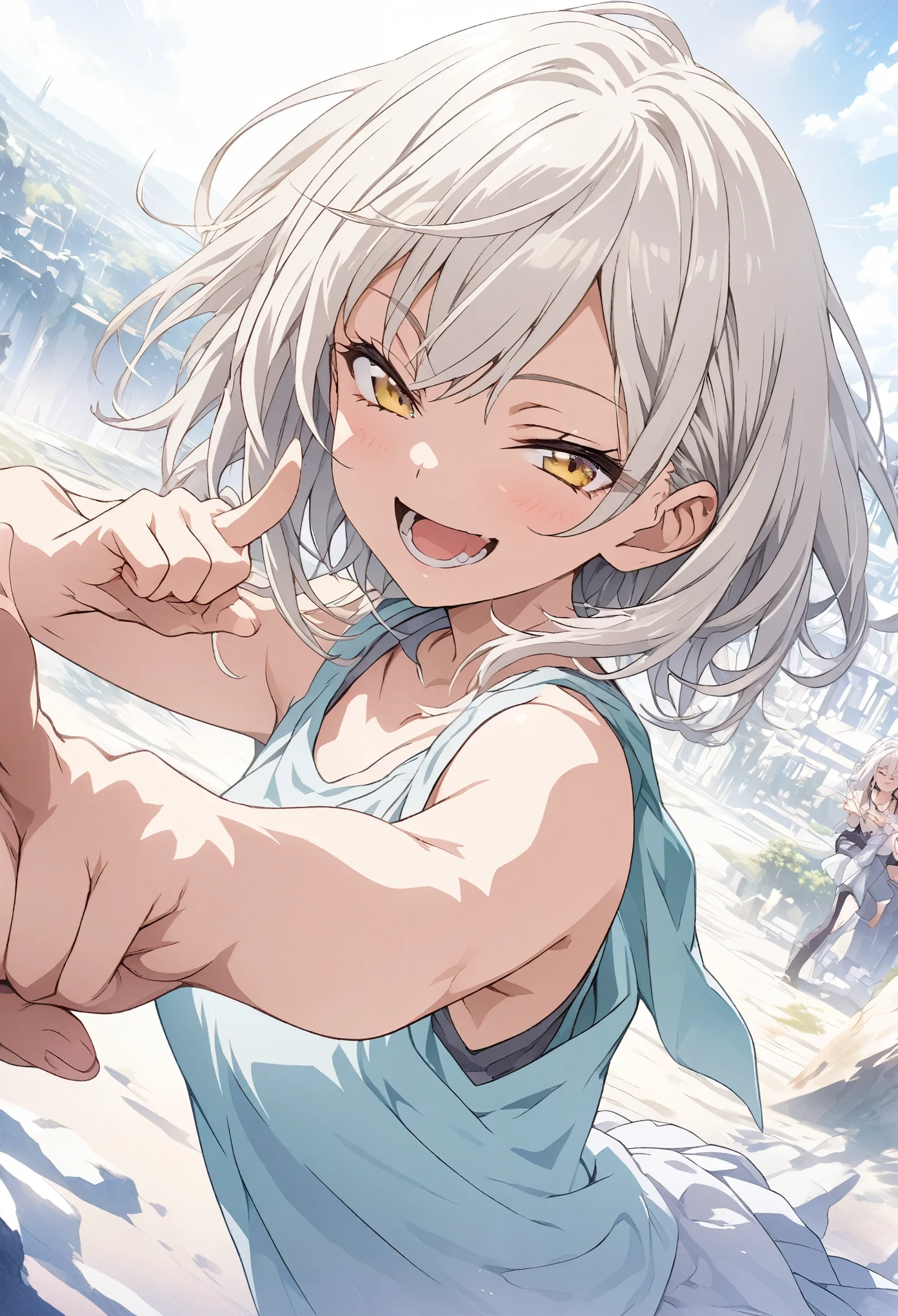 masterpiece, Highest quality, Highly detailed CG Unity 8k wallpaper, High School Girl Anime Illustration. Wear an oversized tank top、Pointing a gun pose、she has her eyes closed and mouth open, smile. The background is a light pastel colored landscape..., white hair color, Yellow Eyes