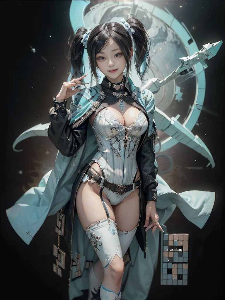 (Full Body View:1.2)、(Smiling with teeth showing:1.3),(Shibuya Gal:1.5)、(Goth Style Fashion:1.5)、(Stewardess Cosplay:1.5)、(Wearing a rhythmic gymnastics bodysuit with intricate details:1.4)、(Cloak de cour with delicate decorations in white, denim and turquoise:1.5)、(Denim with turquoise and white boots:1.3)、((belt))、(Numerous delicate logo marks all over the costume:1.4)、(Denim collar:1.3)、(Striped underwear:1.5)、30 years old、NSFW、((Highest quality、In 8K、masterpiece:1.3))、Sharp focus:1.2、(Layered Cut、Beautiful boobs:1.1),Beautiful woman with perfect figure:1.4、(Sexy gravure pose:1.3)、Slender Abs:1.2、Highly detailed face and skin texture、Detailed eyes、double eyelid,(Twin tails:1.3)、(Black brown hair:1.3)、Gravure idol、(The background is a fantastical, Tetris-like space.:1.3)、(Slim Body:1.3),(Make your legs thinner:1.4),(clavicle:1.1)、(Thin thighs:1.2)