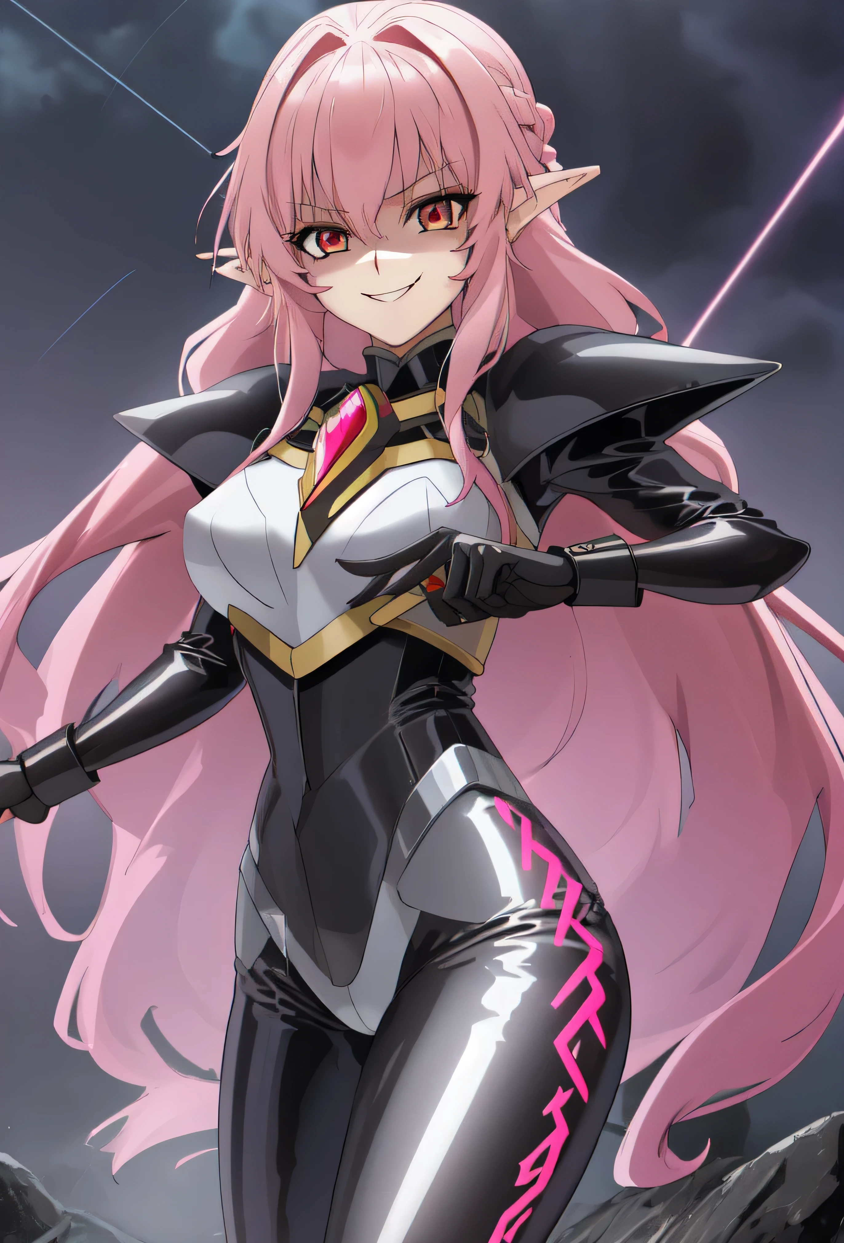 high quality, extremely detailed, perfect face, Nova, long pink hair, (black latex bodysuit), steel pauldrons, steel breastplate, long ears, evil smirk, evil laugh, medium breasts, (dark and stormy skies, lightning)(masterpiece:1.0),(Highest_quality:1.0), 超High resolution,4k,Super detailed, photo shoot, 8K, HDR, High resolution, disorganized:1.2, kodak portrait 400,raising a lightning,,Embodiment of evil,sadistic smile,deep shaded face(eyes in shadow),singlebraid,smile worst,worst ridecule,most evil moukery,,onebraid,,two hands,five fingers,dark aura background,A face full of evil,most evil ridicule,white micro pants,