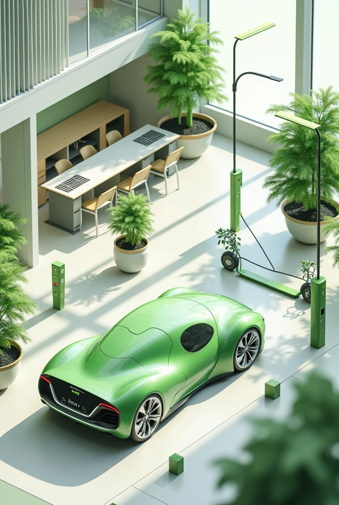 Create 3D icons
1. Green office
2. Solar street lighting
2. Electric car with battery or charger
4. Electric flicart with charger   