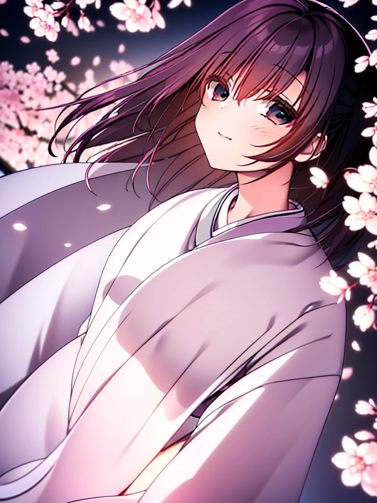 (((masterpiece, high quality, 16k resolution))), detailed, beautiful anime girl, large breasts, slender waist, pale skin, , black hair, bob cut, fine hair, simple clothing, white T-shirt, no accessories, ((walking in neon-lit night city)), spring season, comfortable weather, (discovering beautiful night cherry blossoms, neon lights, joyful expression, smiling, (looking up at sakura), stunning smile, captivating eyes, delicate face, artistic, emotional depth, serene atmosphere, detailed background, vibrant colors, breathtaking beauty