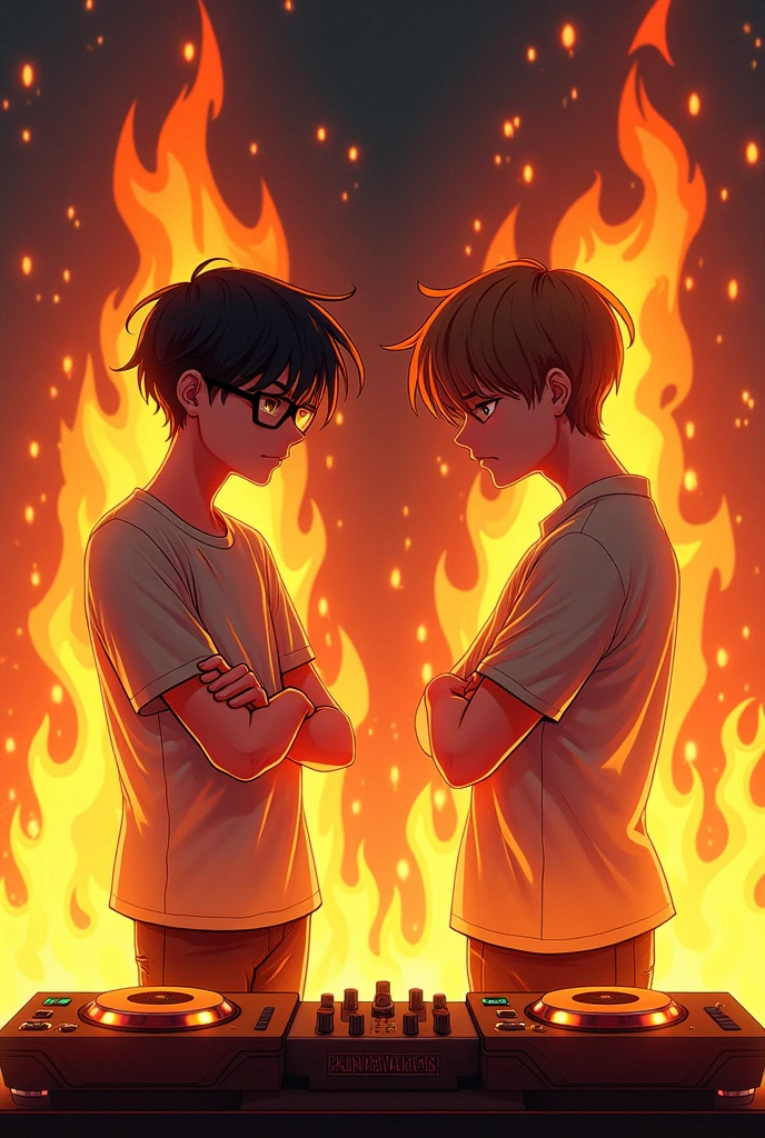 Create a picture of two agers who are completely covered in flames one boy has dark brown hair is 1 and wears black glasses the other is and has brown hair and no glasses they should look german and wear casual clothes the one with the glasses has a middle parting they are standing in front of each other with their arms crossed in a retro wave style with a dj mixer in front of them