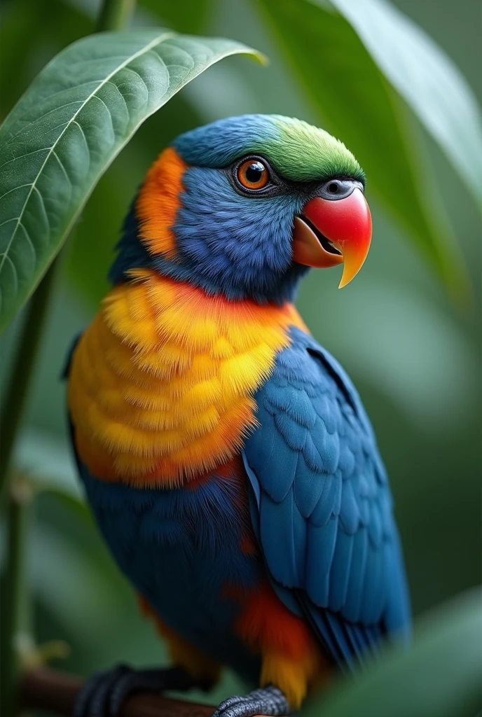 Fischer's lovebird, Blue-and-white lovebird, Back and chest、Rain cover with green feathers, The neck is golden yellow but fades to a dark orange color towards the top., Top of head is olive green, The beak is bright red,