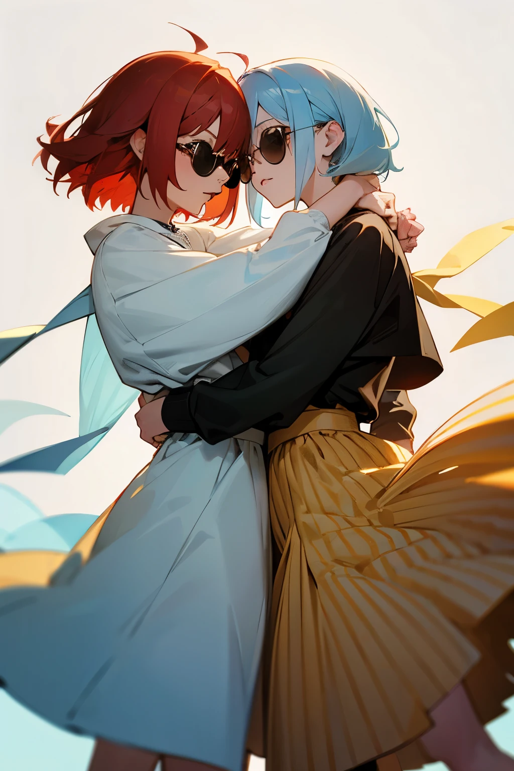 Red haired girl wearing a yellow striped dress hugging white haired girl wearing a black sweatshirt while light blue haired girl wearing sunglasses and a brown skirt