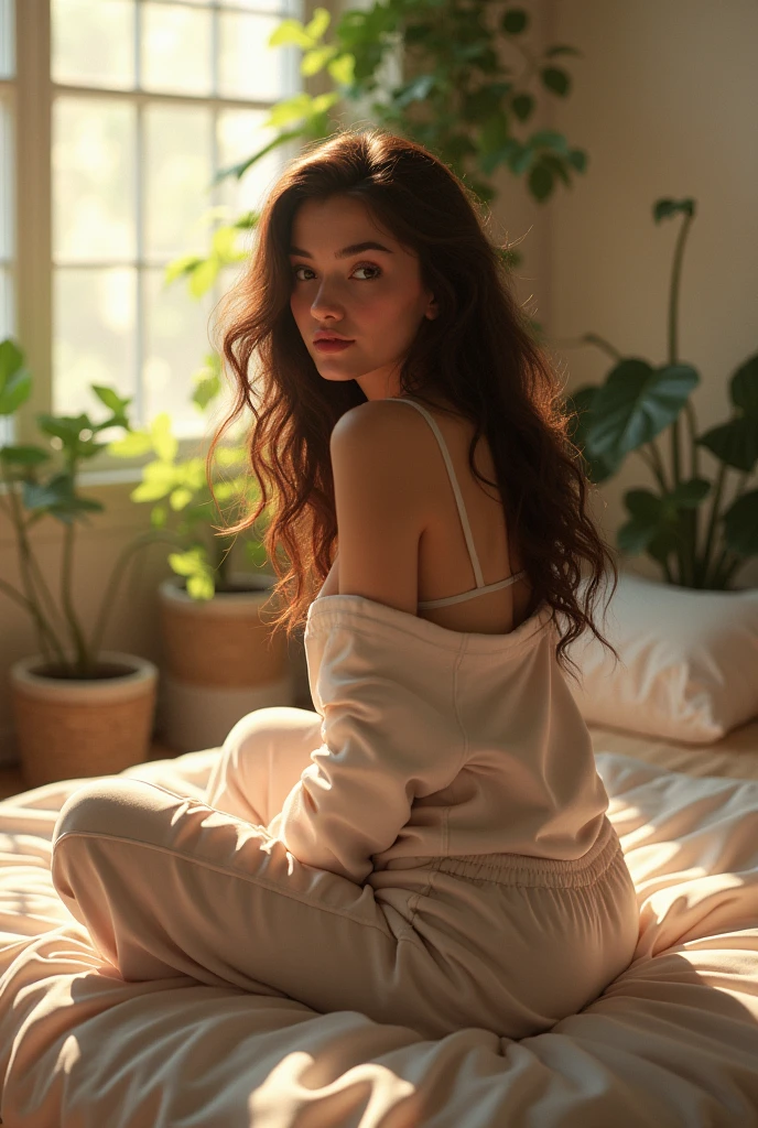 (photorealism:1.2), beautiful woman, sitting on bed, wearing loose off-shoulder top, pajama pants, long curly hair, indoors, soft lighting, plants in background, window with sunlight, cozy room, relaxed pose, realistic, intricate details, warm colors, by Greg Rutkowski, by Alphonse Mucha