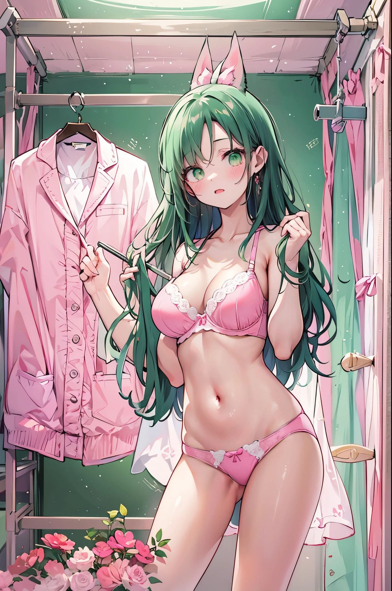 ((Highest quality, 8k, masterpiece: 1.3)), whole body,1 personの,1 person,,Glamorous Body,cute,Troubled face,Black Hair,Beautiful emerald green eyes,long hair,Stand in front,((In front of the clothes rack)),(((Pastel pink bra,Pastel pink panties,Scanty))),Morning sunshine,Inside the room,