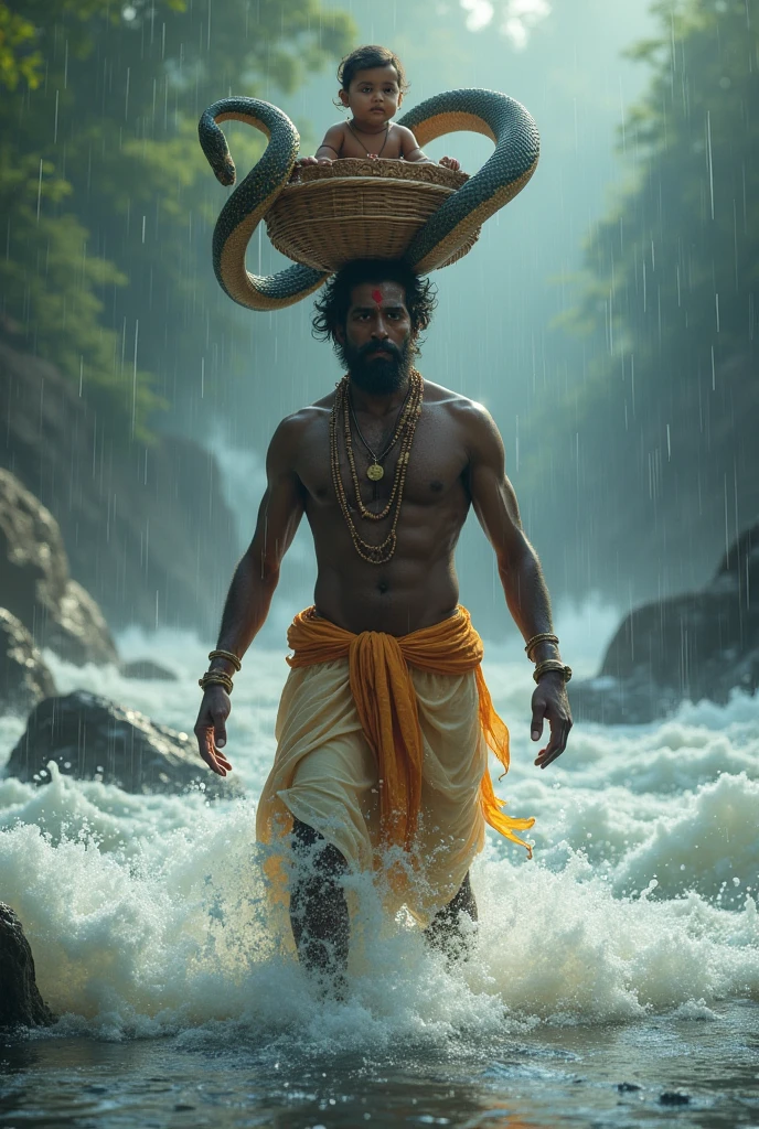 Vasudeva wading through the swollen Yamuna river, holding baby Krishna in a basket on his head. The river is raging, but a mystical force parts the waters, allowing him to cross safely. A cobra forms a protective hood over baby Krishna, shielding him from the rain."