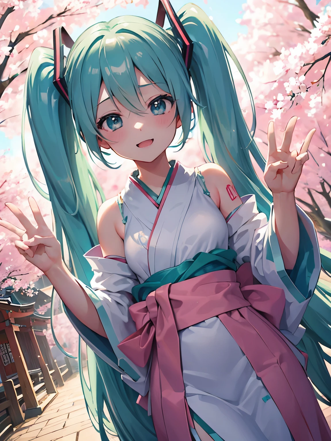 Super detailed, NSFW, masterpiece, High resolution, Photorealistic digital art, perfect lighting, (((1 girl, perfect anatomy))), accurate right hand, accurate left hand, five fingers, perfect style, hatsune miku, 3d face, big light blue-green eyes, glossy lips, blue-green long hair, shiny skin, smile, (((twin tails))), big square hair accessories, (((Cherry blossom trees))), Japanese clothing,